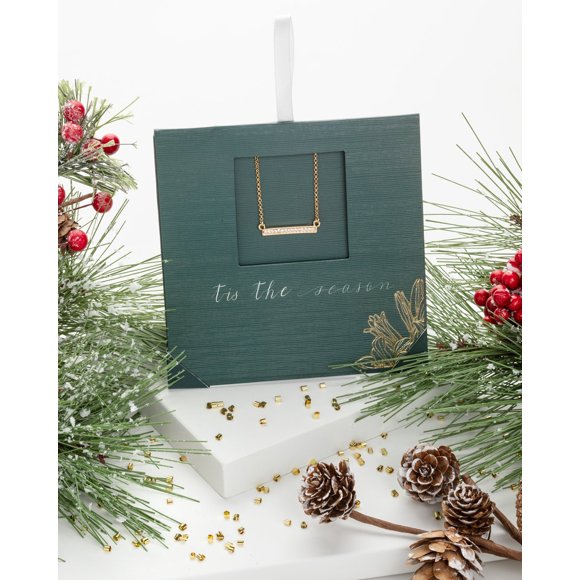 callura Gold Bar with Silk Swarovski Crystals Pendant Necklace with Holiday Gift Card – Elegant Gold Bar Design