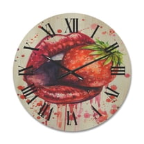 Designart 'Red Girl Lips Eating A Strawberry' Modern Wood Wall Clock