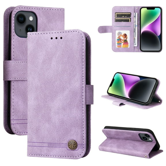 SaniMore Case for iPhone 14 6.1" 2022 with Wrist/Crossbody Strap,Retro PU Leather Anti-scratch Card Slots Cash Pocket Kickstand Shockproof Anti-drop Wallet Business Cover For iPhone 14, Purple