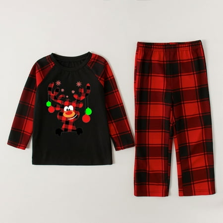 

Jialili Parent-Child Attire Christmas Suits Patchwork Plaid Printed Homewear Round Neck Long Sleeve Pajamas Two-Piece Kid Sets Wine 5Y