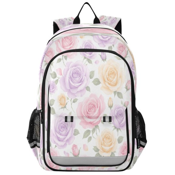 School Backpack for Teens 17L Lightweight Bookbag with Reflective Strips Rose Pattern in Warm Tones