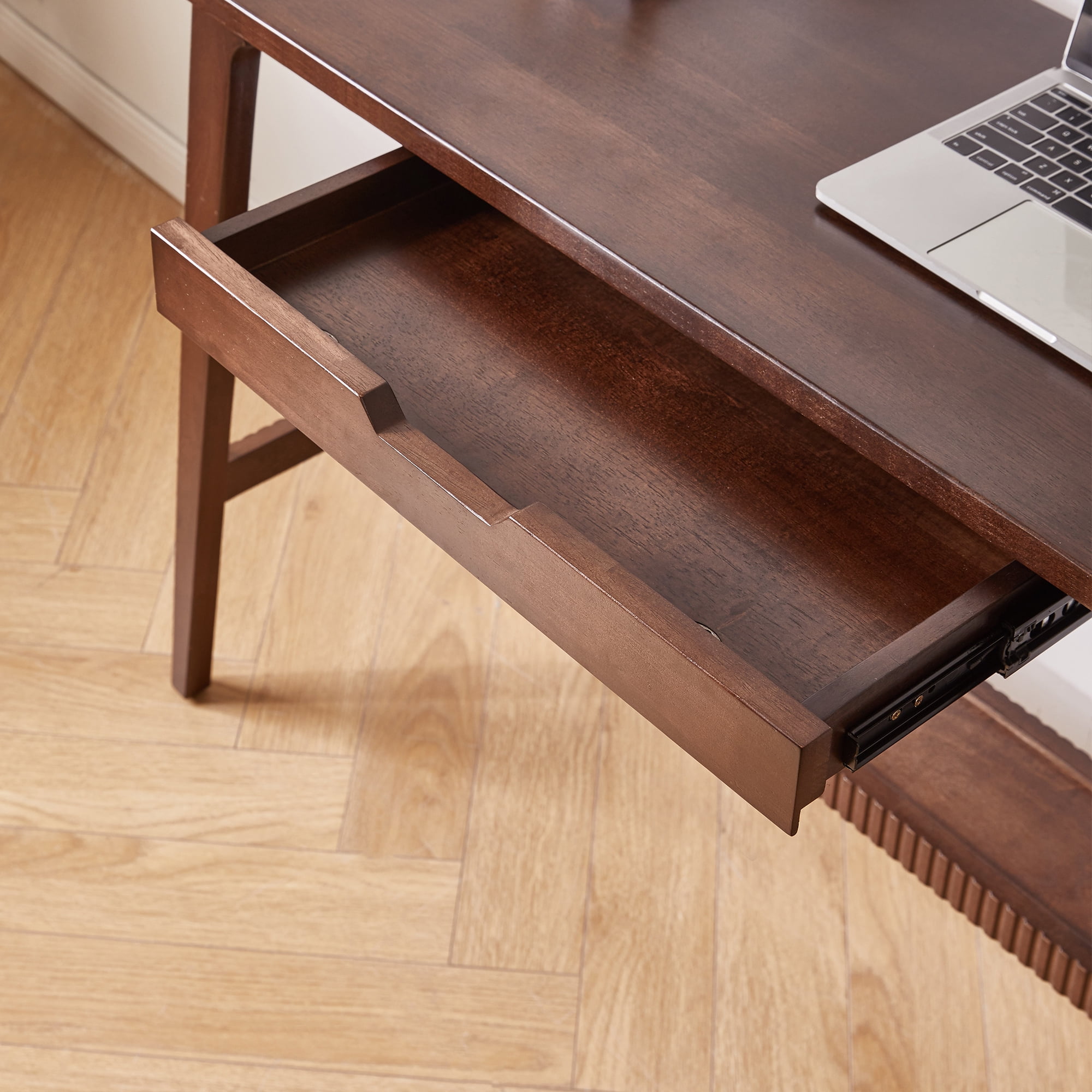 GARITIN Solid Hardwood Student Study Desk, Long Computer Writing Table with Drawer & Storage Shelf, Home Office Workstation for Study Room Bedroom, Walnut