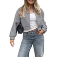 thumbnail image 2 of Females Solid Color Jacket Spring Casual Cropped Jackets Long Sleeve Zip Up Jacket Coat Outwear Grey L, 2 of 5