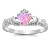 CHOOSE YOUR COLOR Pink Simulated Opal Claddagh Ring .925 Sterling Silver Thumb Band White CZ Female Size 12