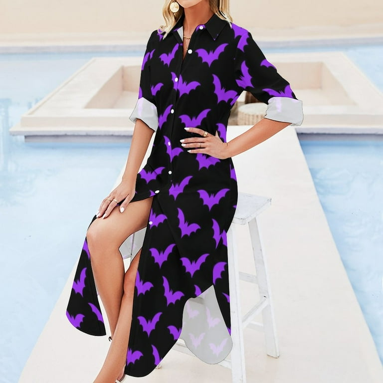 sachin and babi light blue dress Purple Bat Print Casual Dress Halloween Pattern Streetwear Dresses V Neck  Festival Chiffon Dress Long Sleeve Vestido Large Size