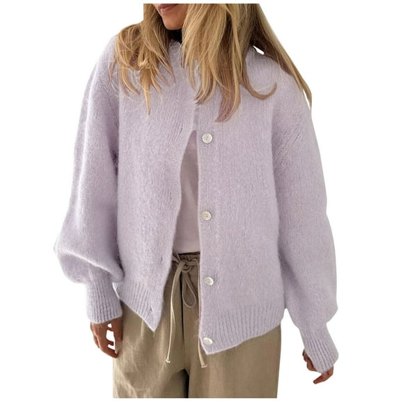 Chunky Cardigan Sweaters For Women Sevevn Women's Long Sleeved Round Neck Solid Color Button Knit Sweater Cardigan Top