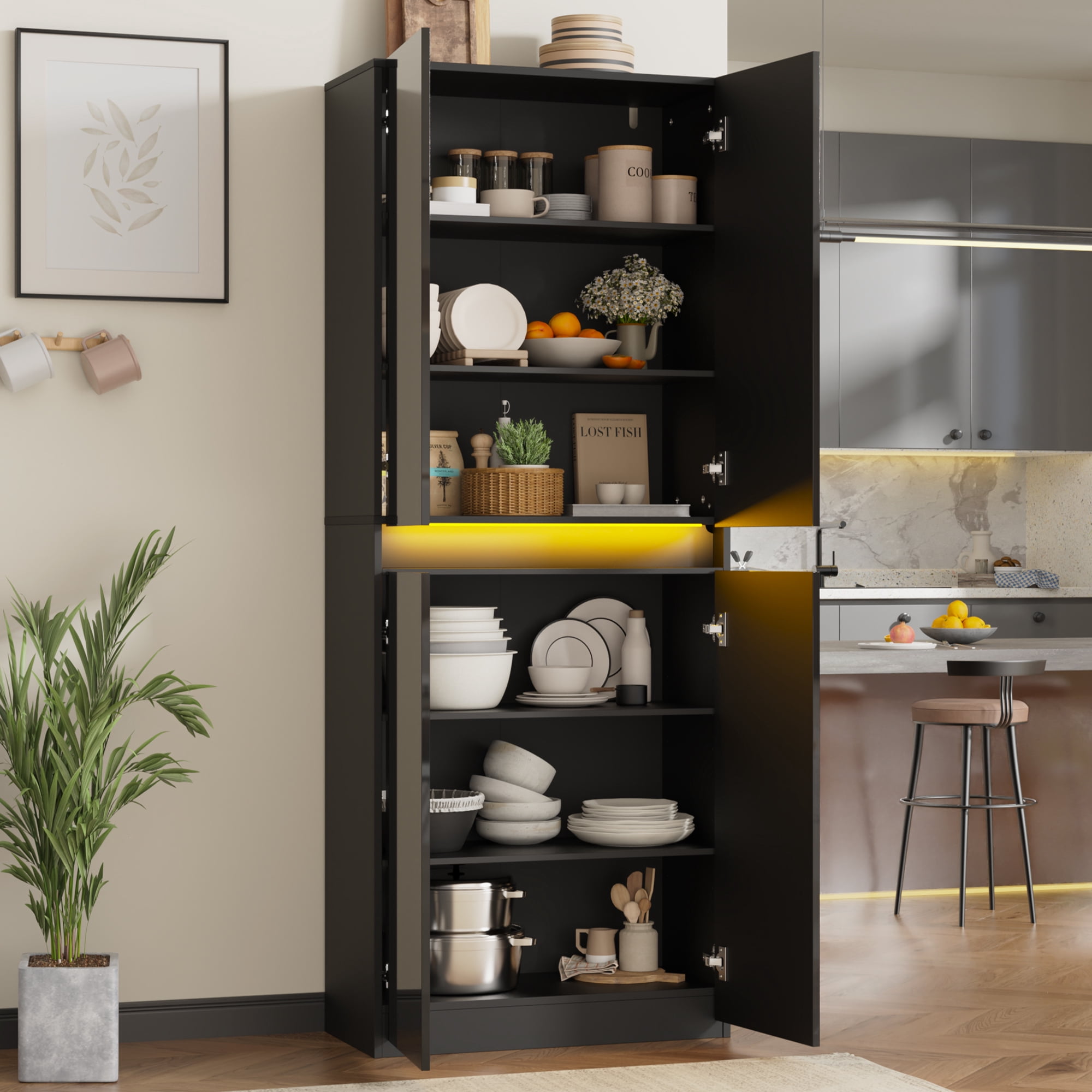 71" Tall Kitchen Pantry, Pantry Storage Cabinet with High Gloss Doors, Modern Buffet Hutch Cabinet with Led Light and Adjustable Shelves for Dining Room, Living Room, Black