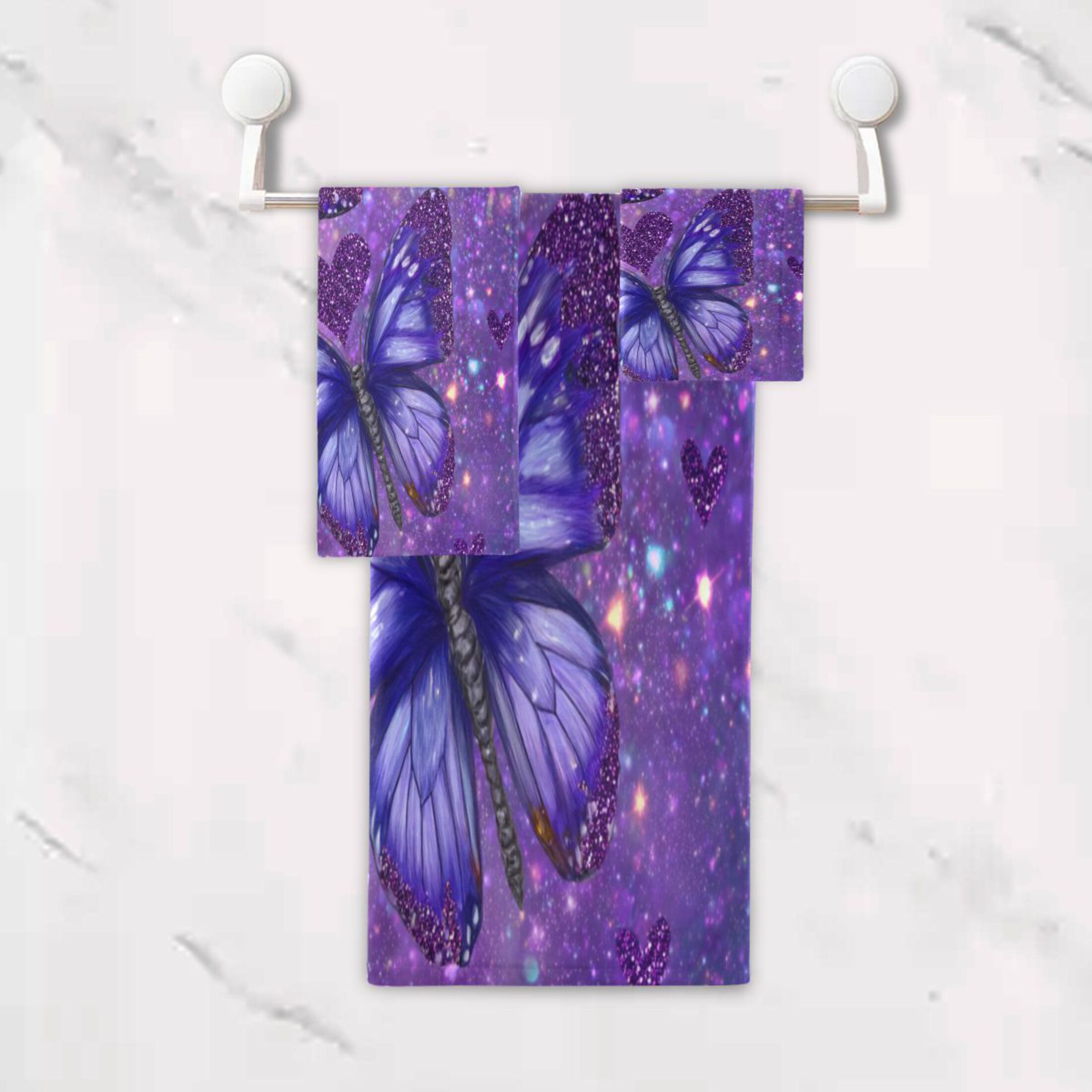 3 Sizes of Towel Sets Including Bath Towel Hand Towel and Washcloth for Daily Use Shimmering Purple Butterflies