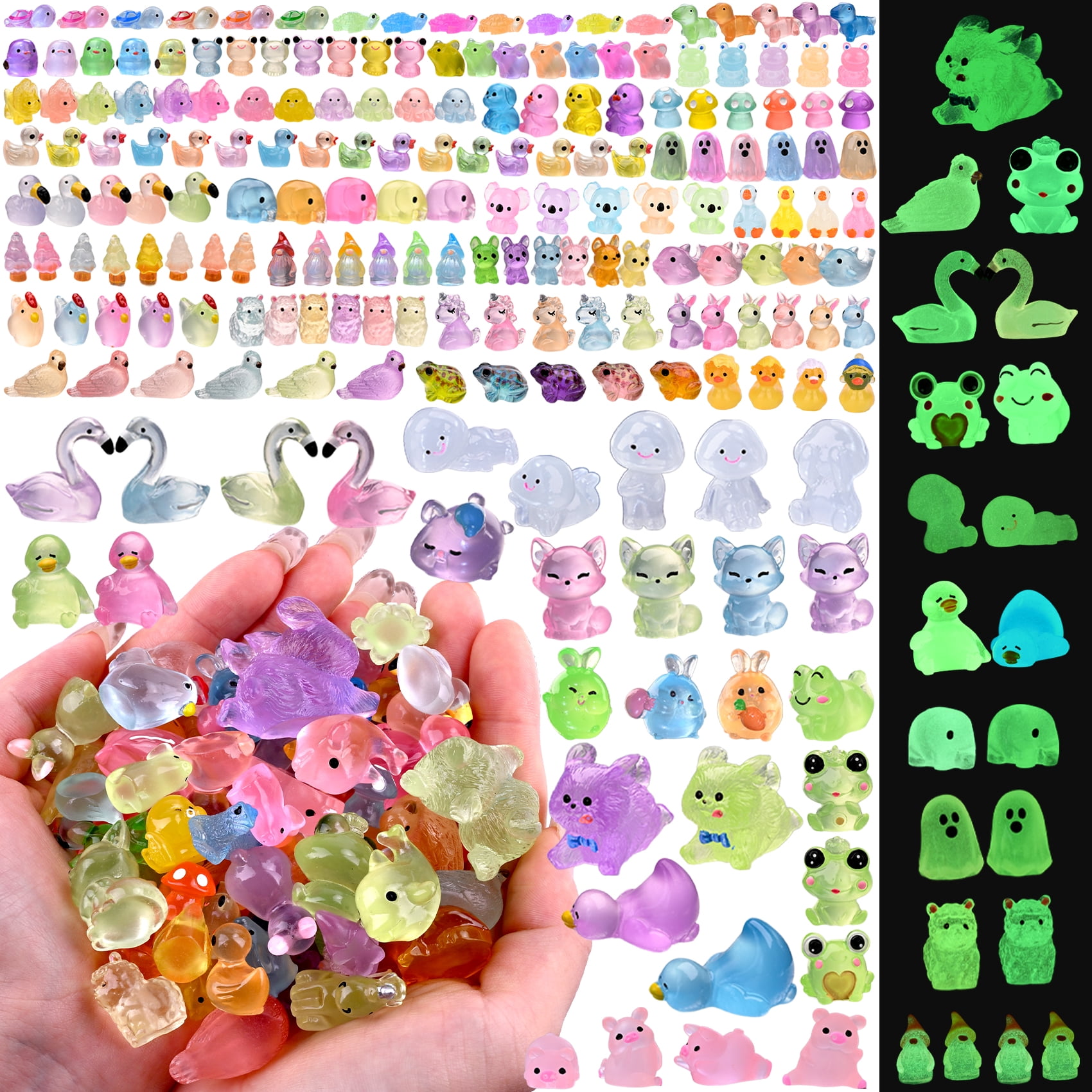 200PCS Glow in The Dark Mini Resin Animals Bulk Variety Pack - 36 Styles Tiny Miniature Figures for Fairy Garden, Dollhouse, Aquarium Decor, Hide and Seek, Crafts, Christmas Gift