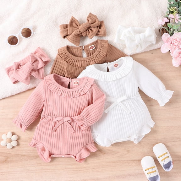 Uccdo 0-24M Baby Girls Autumn Clothes Long Sleeve Ruffled Bodysuit Romper Headband