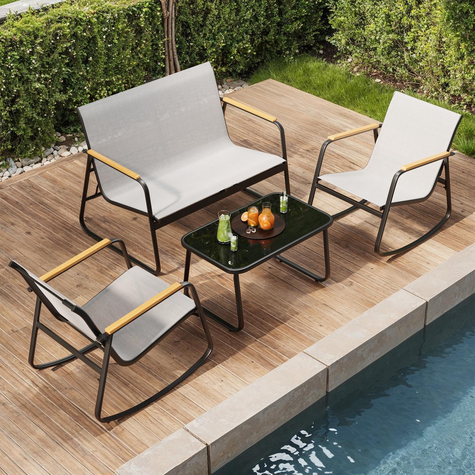 Patio Conversation Sets for 4, Lofka 4 Pieces Patio Furniture Sets with Rocking Bistro Fabric chairs, Garden Loveseat, Glass Coffee Table for Backyard, Poolside, Porch, Lawn, Gray