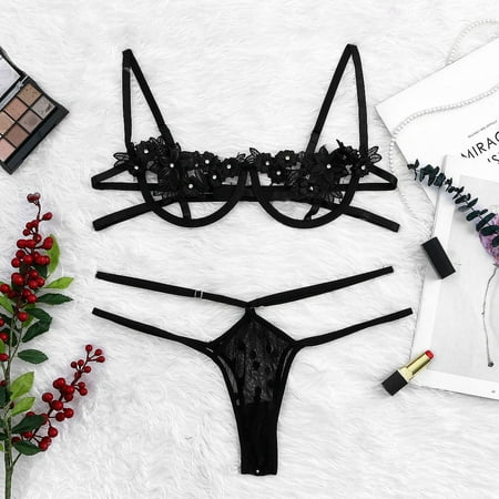

Cathalem Hot Lingerie Thong Ring Rose Lingerie Underwear With Steel Lace Open Panties Lingerie for Women Underwear Black Small