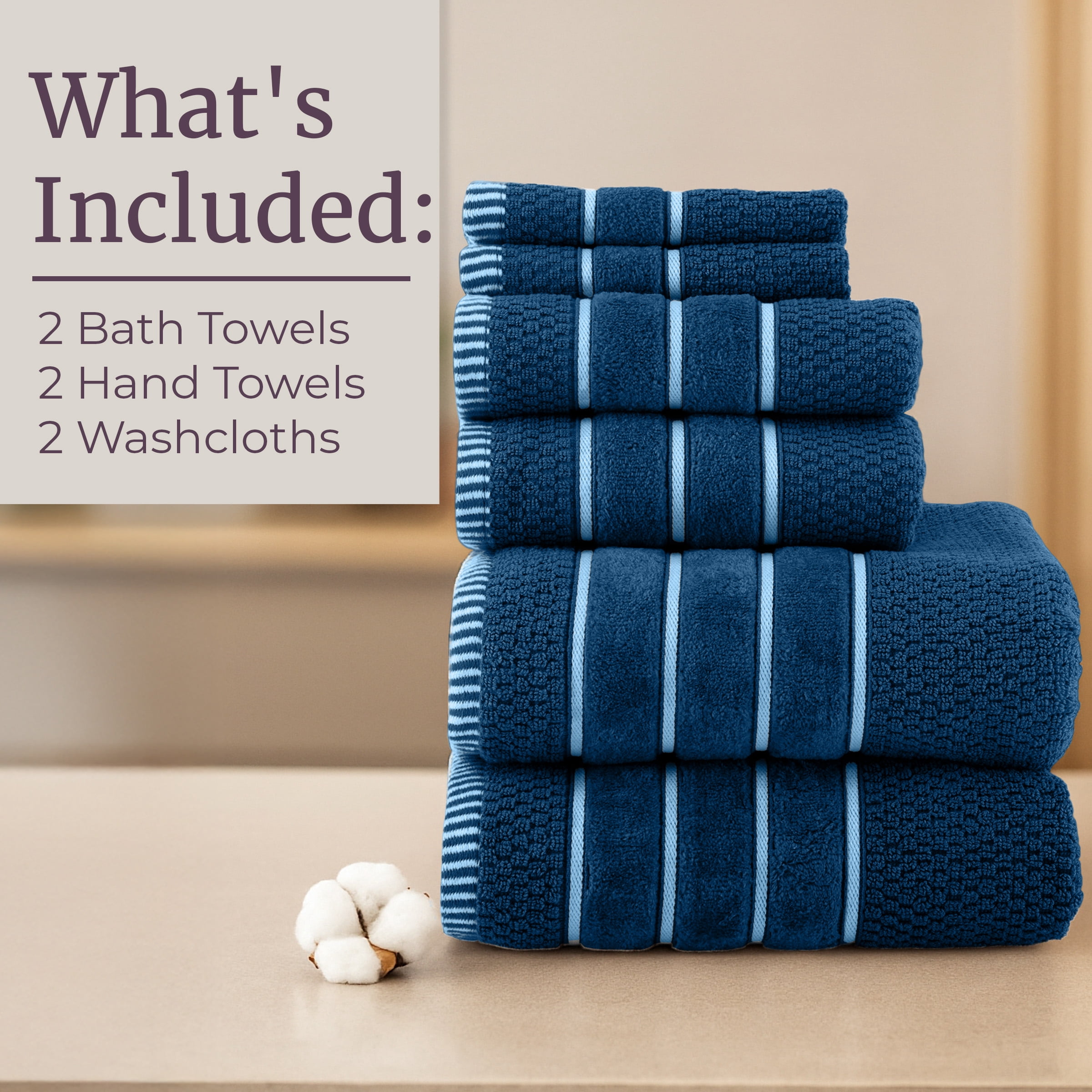 Lavish Home 6-Piece 100% Cotton Bathroom Towel Set with Rice Weave (Navy)