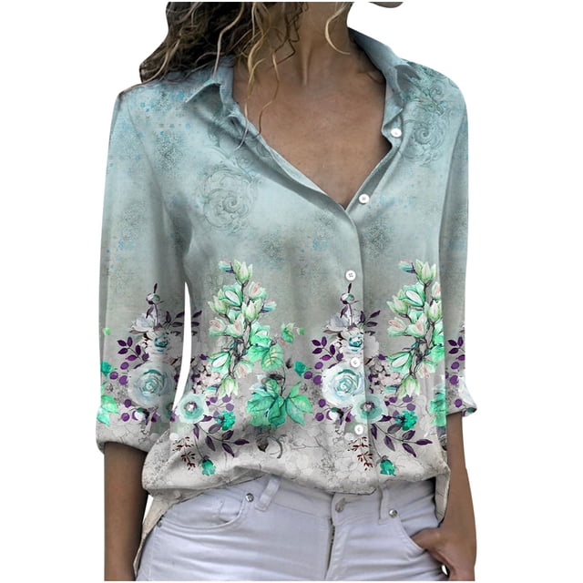 Camisa de manga larga estampada con cuello vuelto informal con botones para mujer a la moda Fridja czfsfas4209