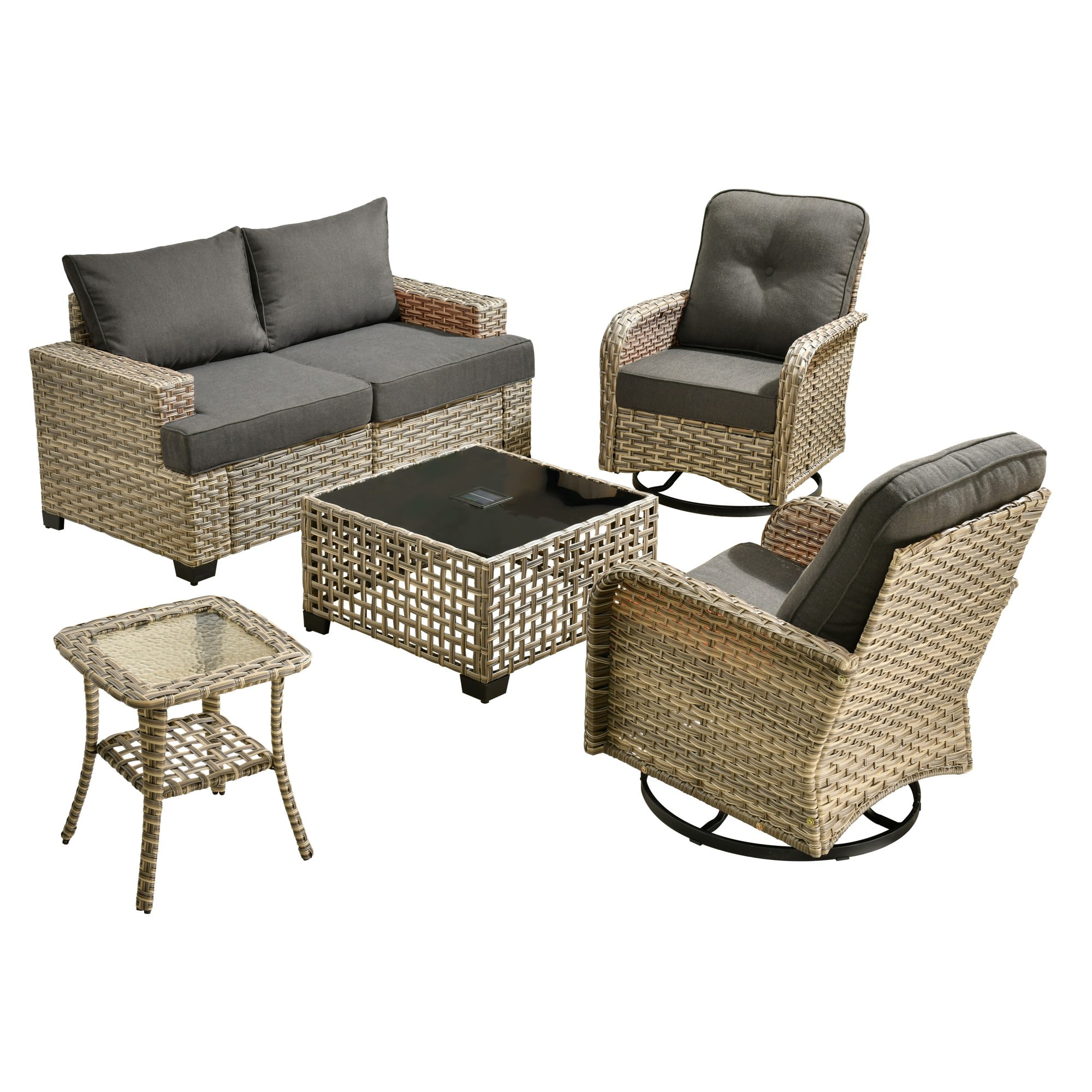 XIZZI Outdoor Patio Furniture Sets, 6 Pieces Outdoor Sectional wicker patio furniture with Coffee Table and Swivel Chairs, All-Weather Conversation set for Porch, Black