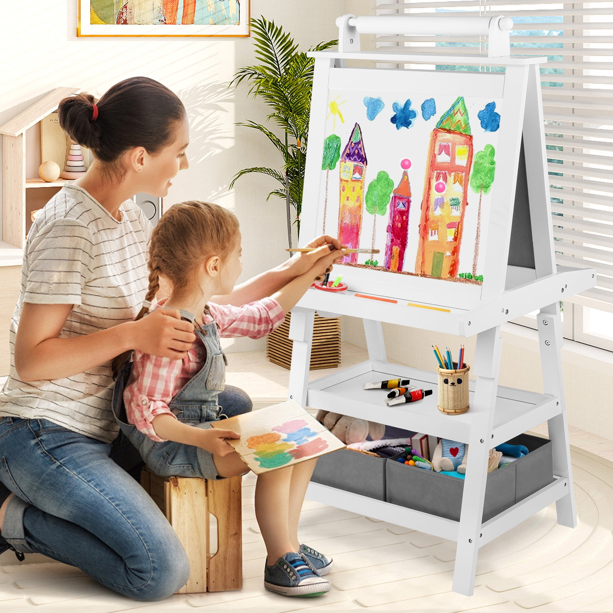AILEEKISS 3 in 1 Kids Art Easel Double-Sided Magnetic Whiteboard Chalkboard with Paper Roller, White