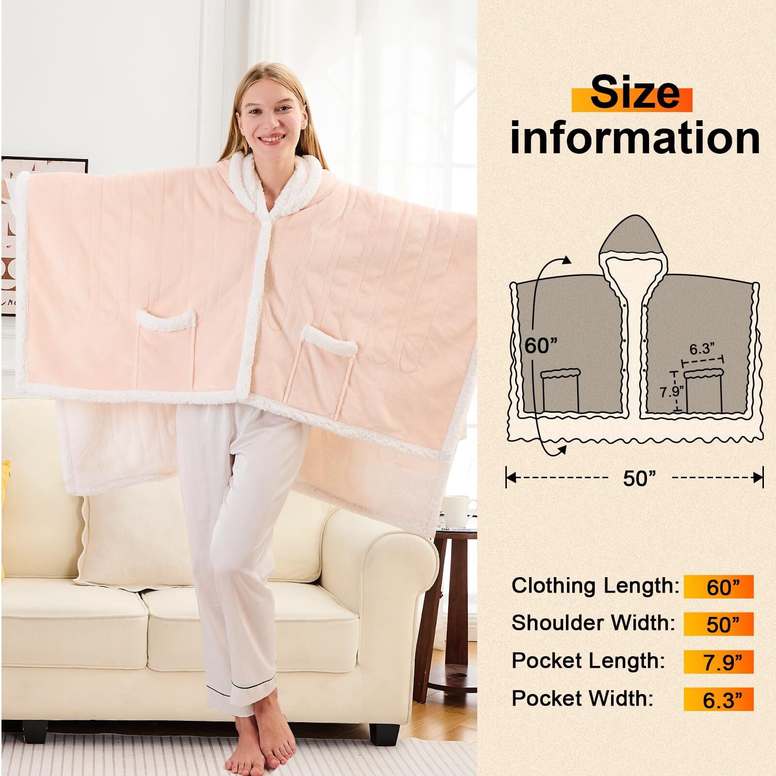 PMONPA Wearable Heated Throw Blanket for Adult, Electric Heated Wrap Poncho Shawl with Pockets, 6 Heating Levels & 2 to 10 Hours Time Settings, 51" x 61", Light Root Color