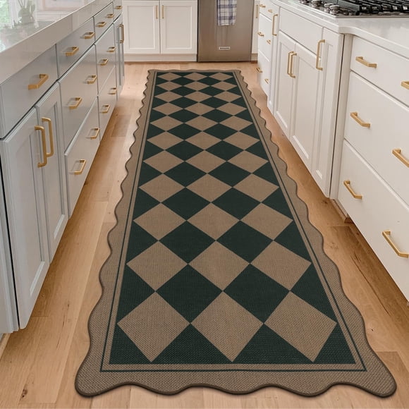 SHACOS Tapis Coureur Lavable en Jute Facile 3 X 10 Pi à Bords Festonnés, Carreaux Noirs, Antidérapant, Texture Tissée, Jeté Géométrique pour Entrée, Couloir, Cuisine à l'Intérieur