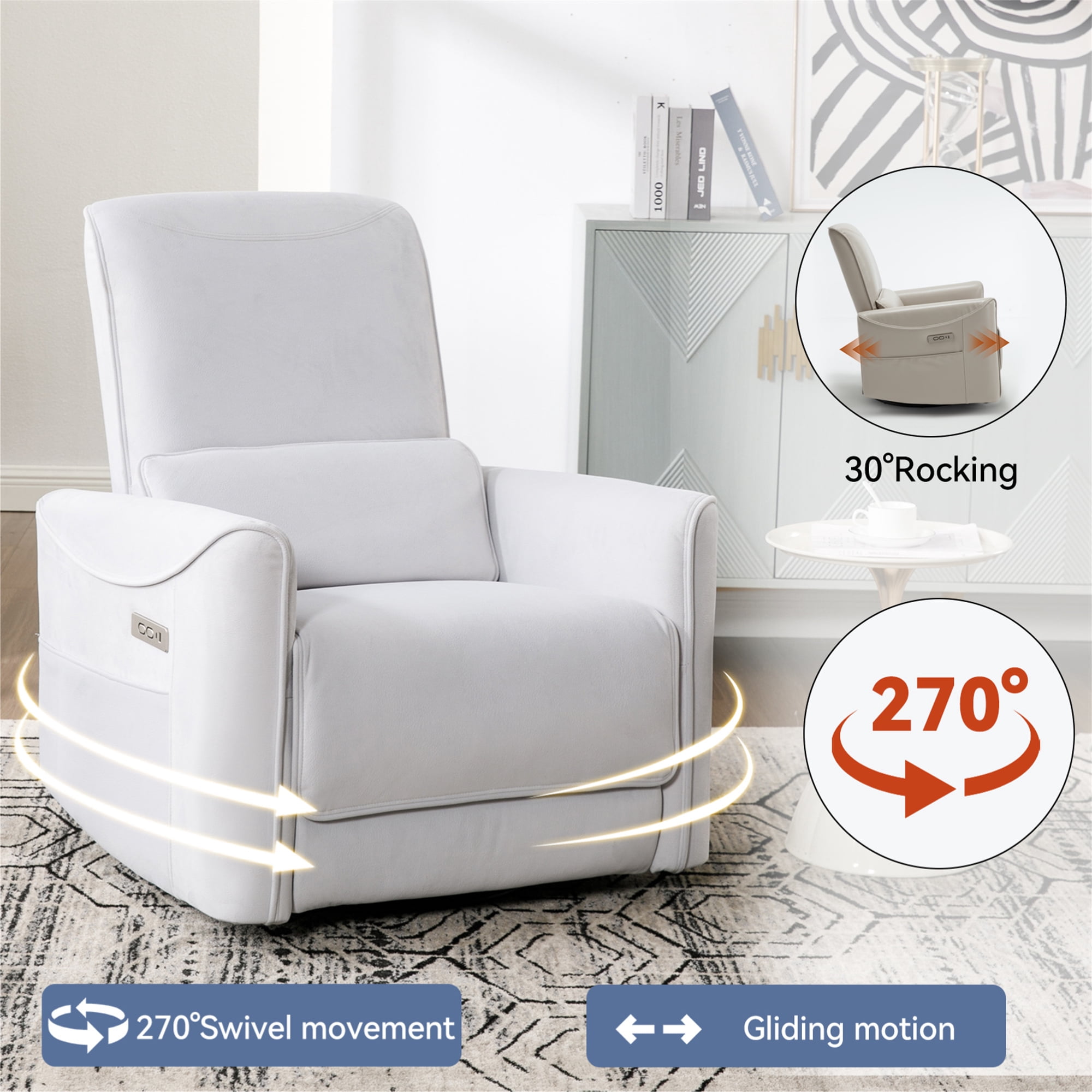 Aukfa Fabric Power Recliner Swivel Glider for Nursery with USB Charge Lumbar Support, Beige
