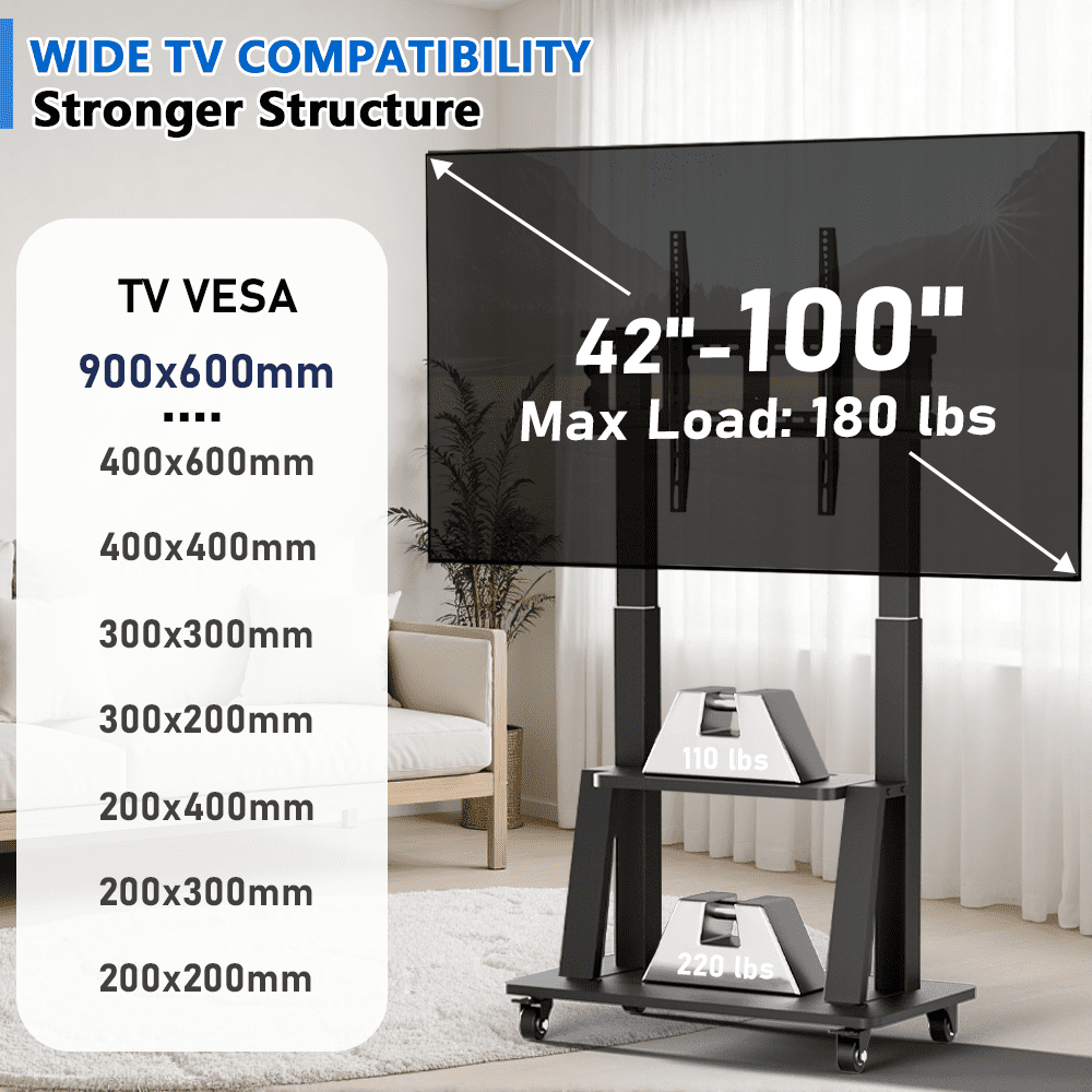 Mobile TV Cart Rolling TV Stand for 42- 100 inch Television Heavy Duty Portable TV Stand on Wheels, Height Adjustment, Holds Up to 180 LBS, Vesa 200×200-900×600mm