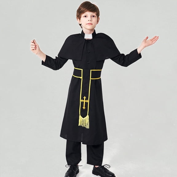 Xijirk Boys Shirts Priest Set 3 Piece Preacher Long Sleeve Robe Cassock Worship Play Dress Up Outfit for Children,10-12 Years
