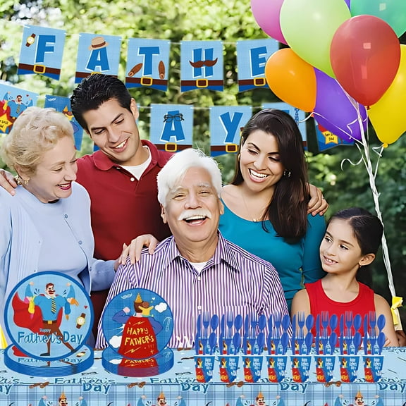 Father's Day Party Supplies Set | 144-Piece Disposable Tableware Set with Plates, Cups, Cutlery, Tablecloth & | Blue Theme | Serves 16 Guests