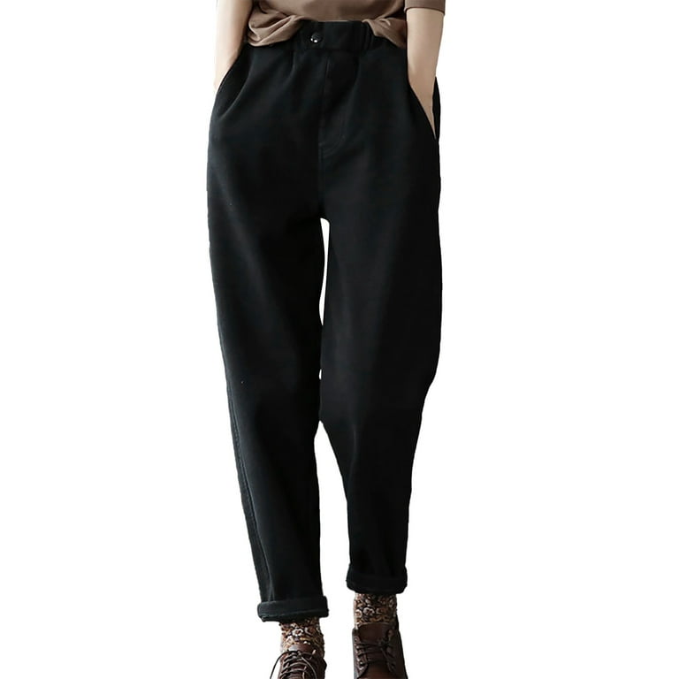 Cotton and velvet thickened Harlan trousers for women autumn and winter  casual trousers elastic waist fashion trousers short trousers women with  pockets, khaki, L : : Fashion