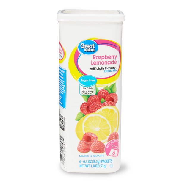 Great Value SugarFree Drink Mix, Raspberry Lemonade, 0.30 oz, 6 Count