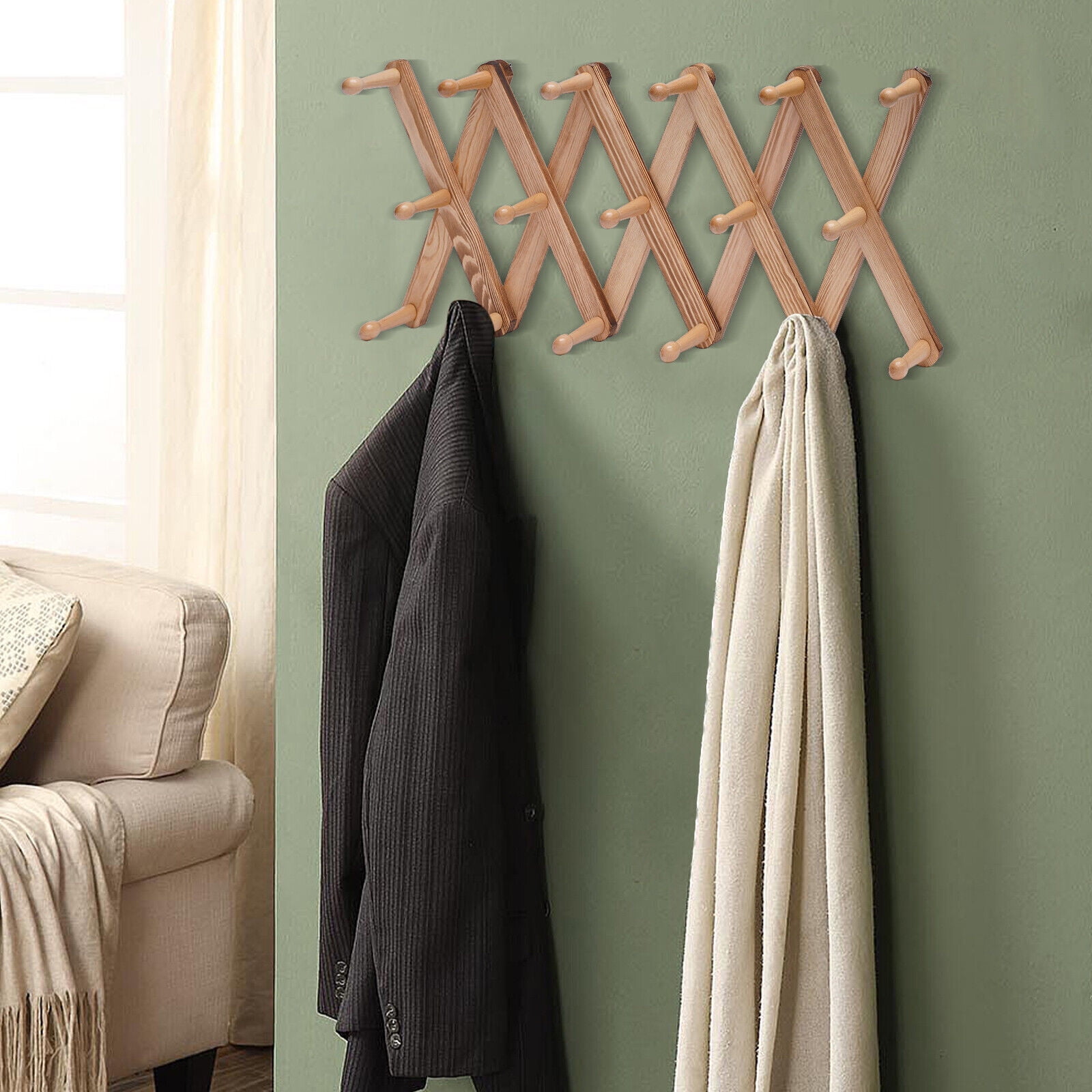 Miumaeov Expandable Coat Rack Wall Mounted, Wooden Accordion Shape Wall Hanger MultiPurpose