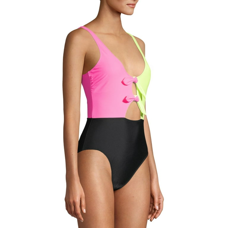 NWT Target Neon Colorblock Swimsuit 💛💕💚 Juniors' Ribbed Tie-Front One  Piece
