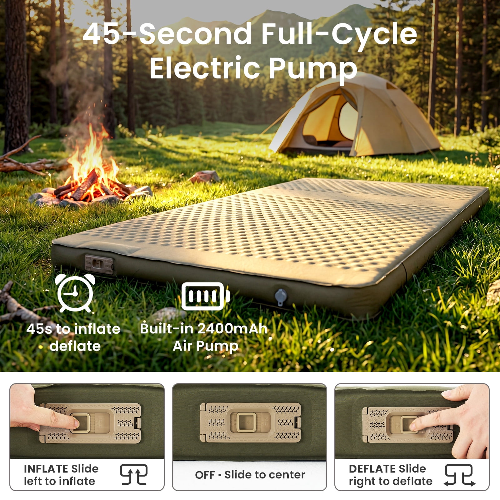 ABORON Full Size Self-Inflating Sleeping Pad, Foam & Air Camping Mattress, 9.5 R-Value Insulated Sleeping Mat with Built-In Pump, Portable All Season Camping Pad for Tent, Car, Cot, Truck Army Green