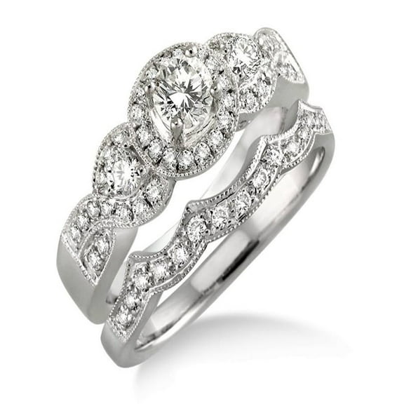 1.00 Carat Halo Bridal Set with Round Cut Diamond in 10k white Gold