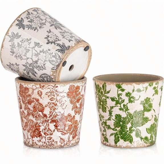 Vintage Ceramic Planter Set of 3 - Decorative Indoor Outdoor Flower Pots with Drainage Holes - Tuscan Decor Pots 5.5 Ice Crackle Glaze Planters for Home Kitchen Patio and Garden