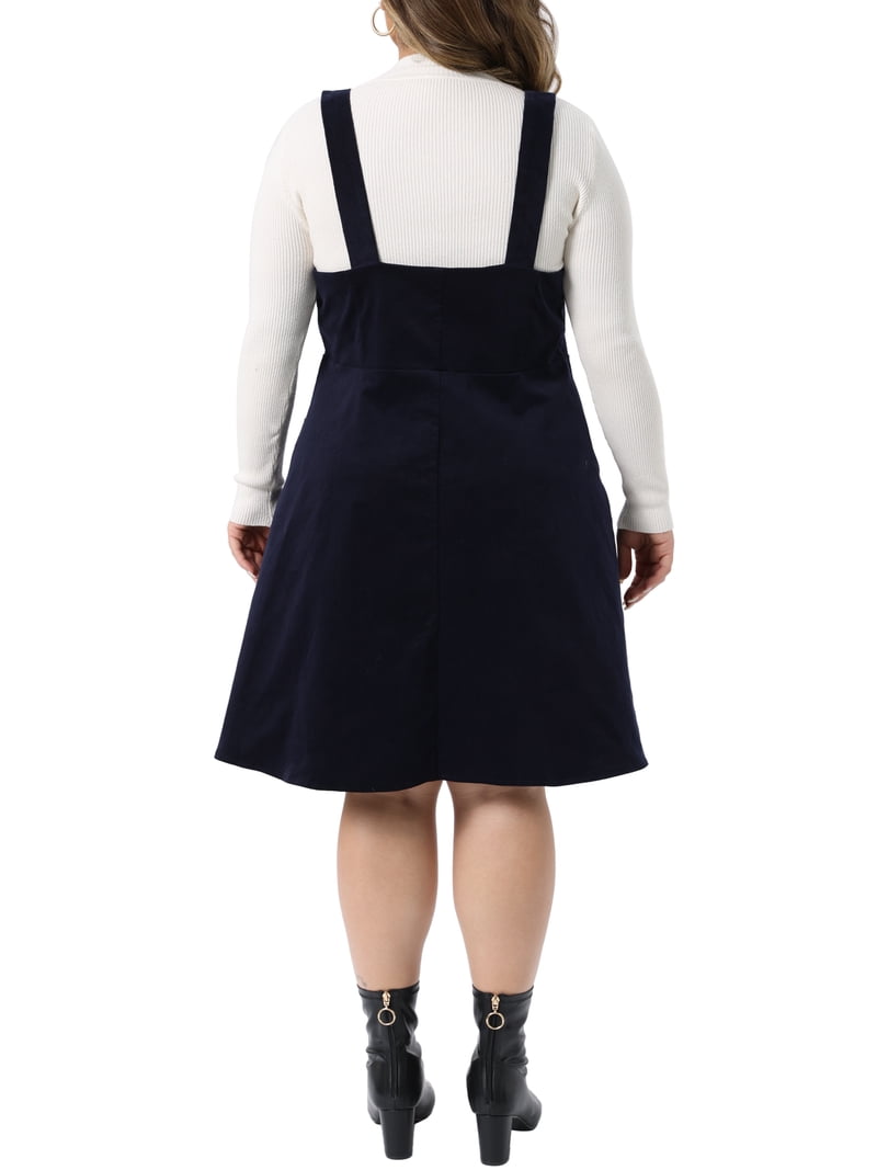 blue corduroy overall dress Agnes Orinda Women's Plus Size Halloween Outfits Pinafore Short Dresses Suspender Skirt with Pocket 1X Dark Blue, Size: 1XL Style:K2292-3444 Size:50 - 44 WAIST Adjustable buckled back Badgley Mischka Pleated-Trim Trumpet