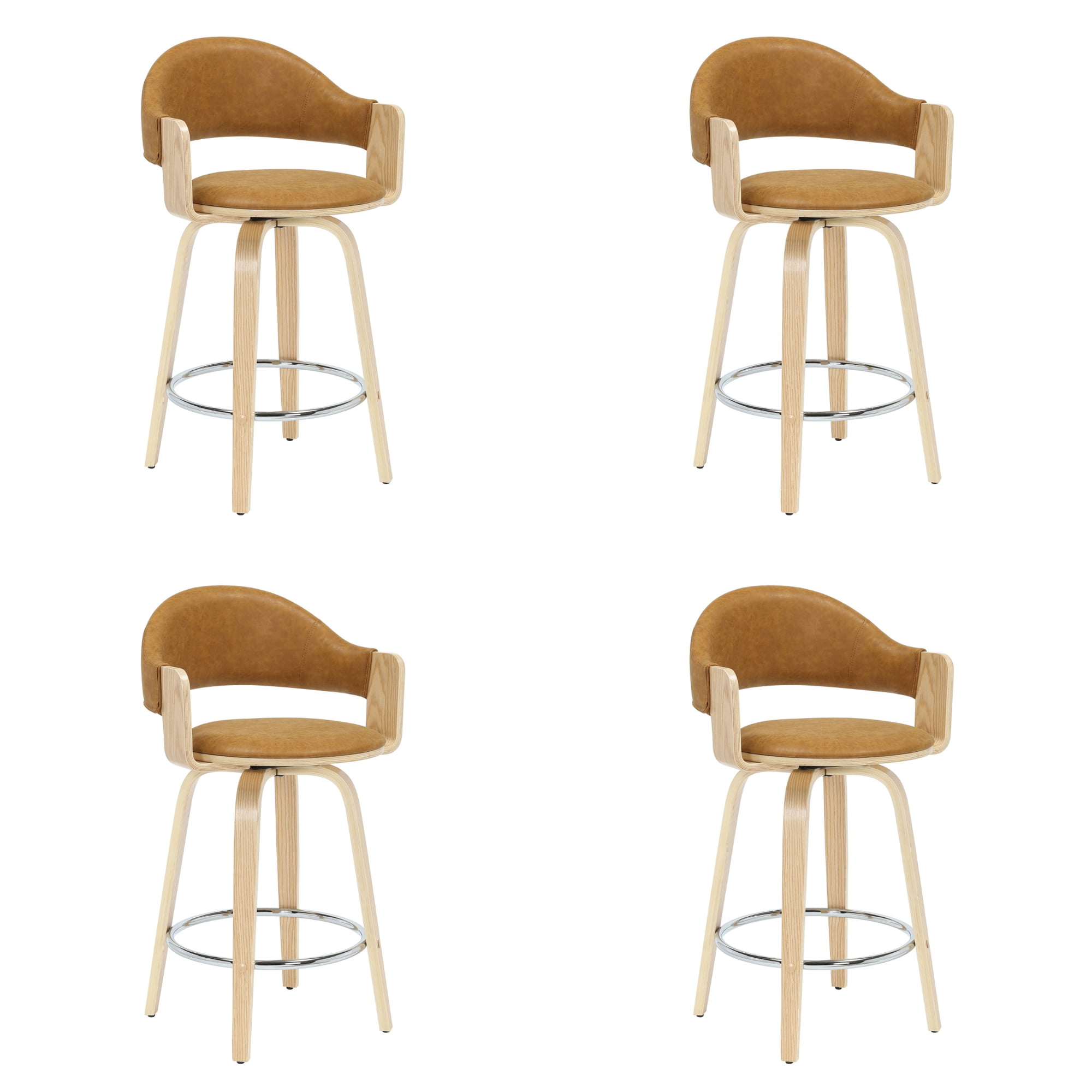 Daxton 36 in. H Swivel Counter Height Camel Round Back Wood Bar Stool with Faux Leather Seat Set of 4