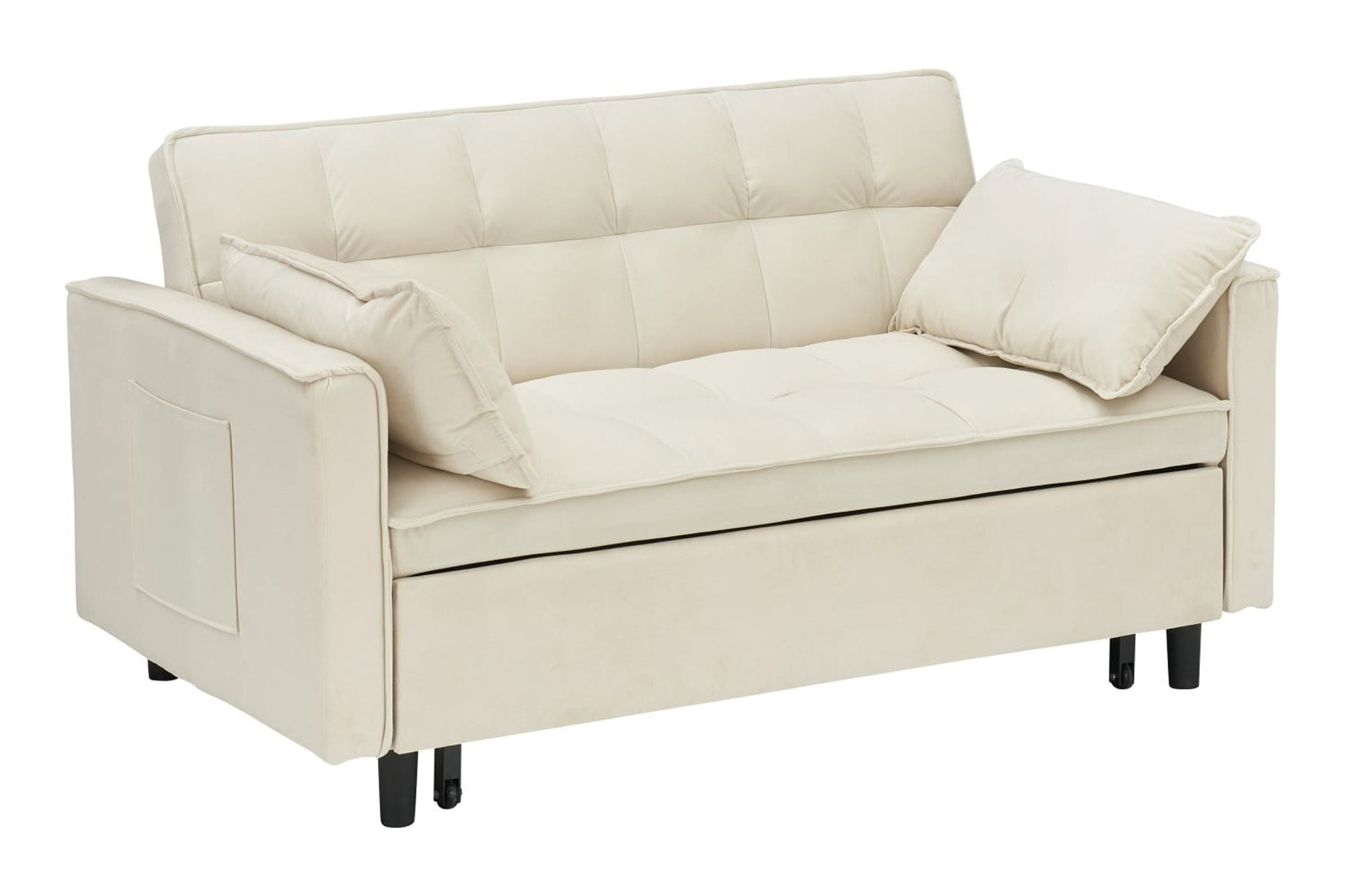 Gewnee 55''3 in 1 Convertible Modern Pull Out Couch Bed,Adjustable Backrest,Velvet Loveseat Futon Sofa with Pillows & Pockets for Living Room,Apartment.(Beige)