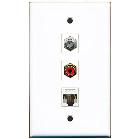 RiteAV - 1 Port RCA Red and 1 Port Coax Cable TV- F-Type and 1 Port Cat5e Ethernet White Wall Plate