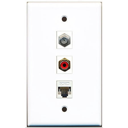RiteAV - 1 Port RCA Red and 1 Port Coax Cable TV- F-Type and 1 Port Cat5e Ethernet White Wall Plate