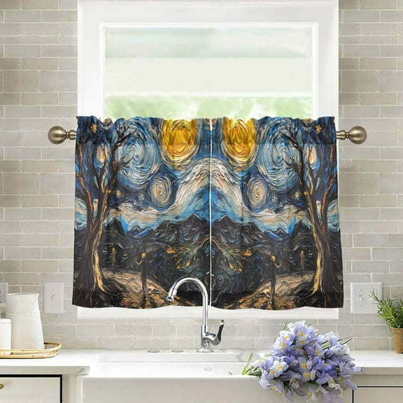 Yayeee Kitchen Curtains Light Filtering 27"x24" Rod Pocket Short Cafe Window Panel, Swirling Starry Sky