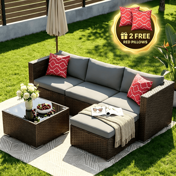 Lofka 5-Piece Outdoor Patio Conversation Set, All-Weather PE Wicker Modular Sectional Sofa with Gray Cushions, Tempered Glass Coffee Table & 2 Pillows, 4 Flexible Configurations for Backyard Balcony