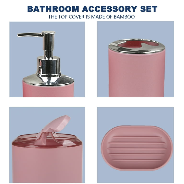 9-Piece Pink Bathroom Accessory Set, Plastic Bathroom Set with Tray, Soap  Dispenser, Toothbrush Holder, Toothbrush Cup, Soap Dish, Toilet Brush,  Trash
