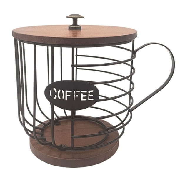 Portavasos K de gran capacidad, organizador de almacenamiento de cápsulas de café, cesta de almacenamiento de hierro con base y tapa de madera