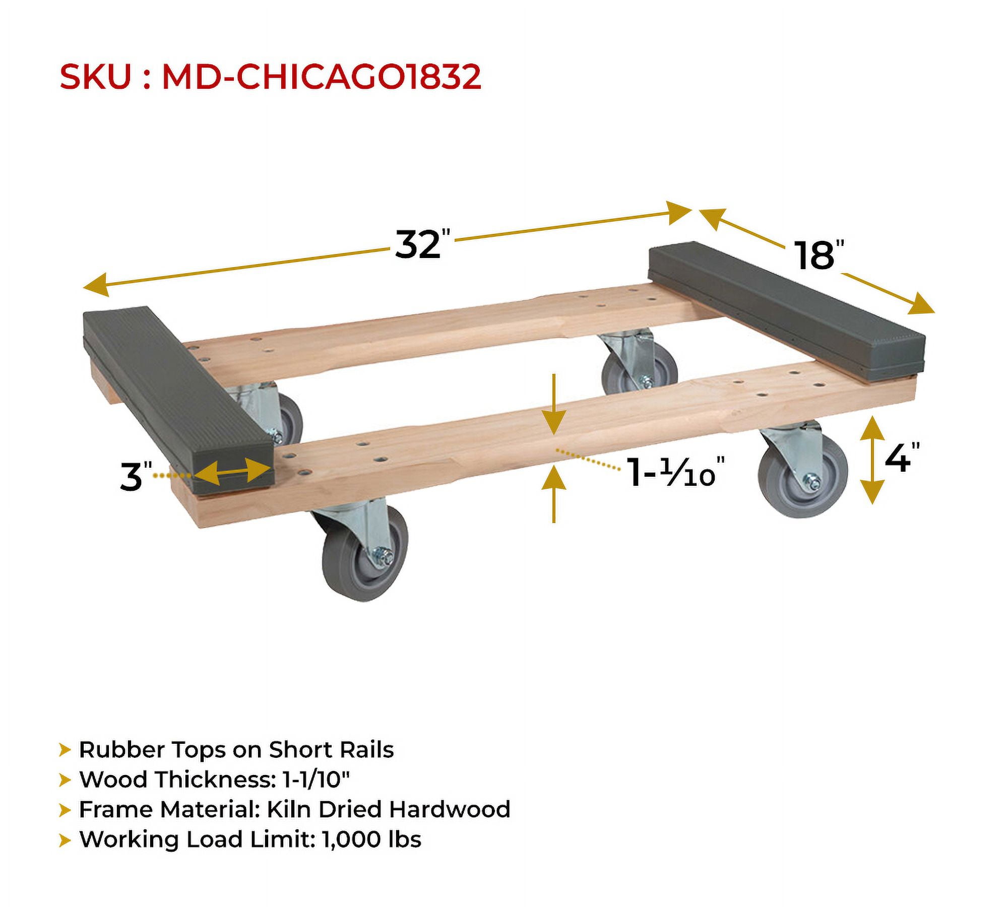 32"x18" Chicago Style 4 Wheel Dolly - 1000 lbs Capacity - Furniture Moving Cart Dolly for Transport & Carrier - Heavy Duty Caster Dolly Movers with Non Marking Wheels