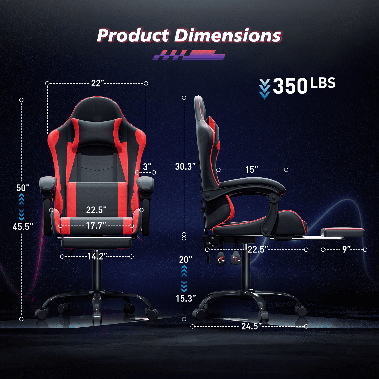 Magshion Ergonomic Gaming Chair with Headrest, Lumbar Support & Footrest - Adjustable Reclining Computer Chair for Adults, High Back Office Desk Chair, 350lbs Capacity， Red