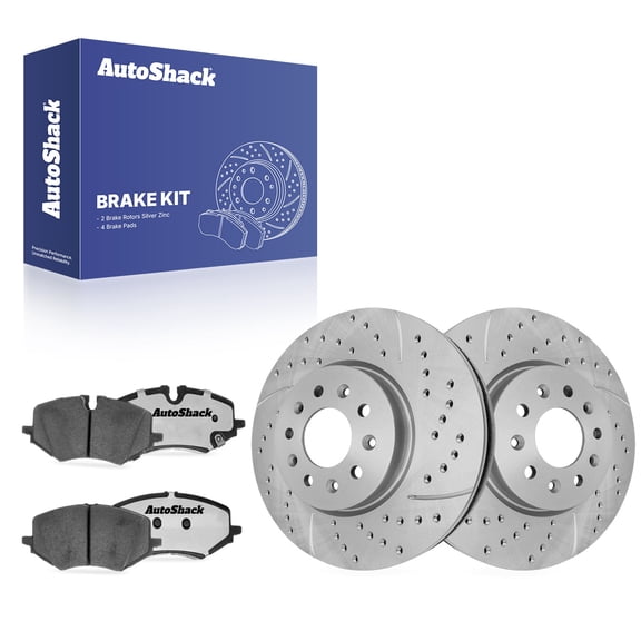 AutoShack Front Vented Drilled & Slotted Silver Zinc Coated Brake Rotors   Ceramic Pads 6-PC Brake Kit Replacement for 2020-2022 Buick Encore GX SilverShield Pro 11.81" (300 mm)