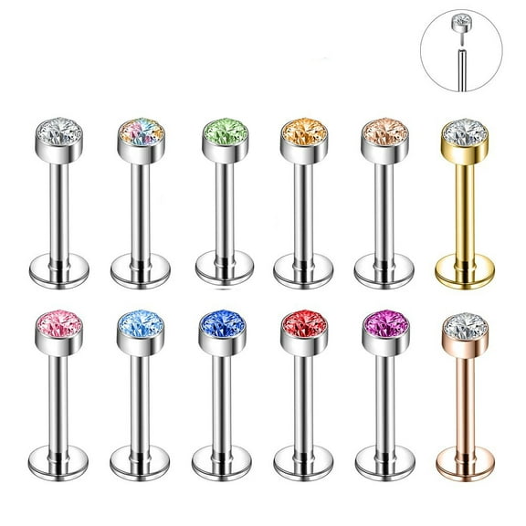 ZS Colorful Push-in Labret Lip Studs Rings, Stainless Steel, 12 Piece