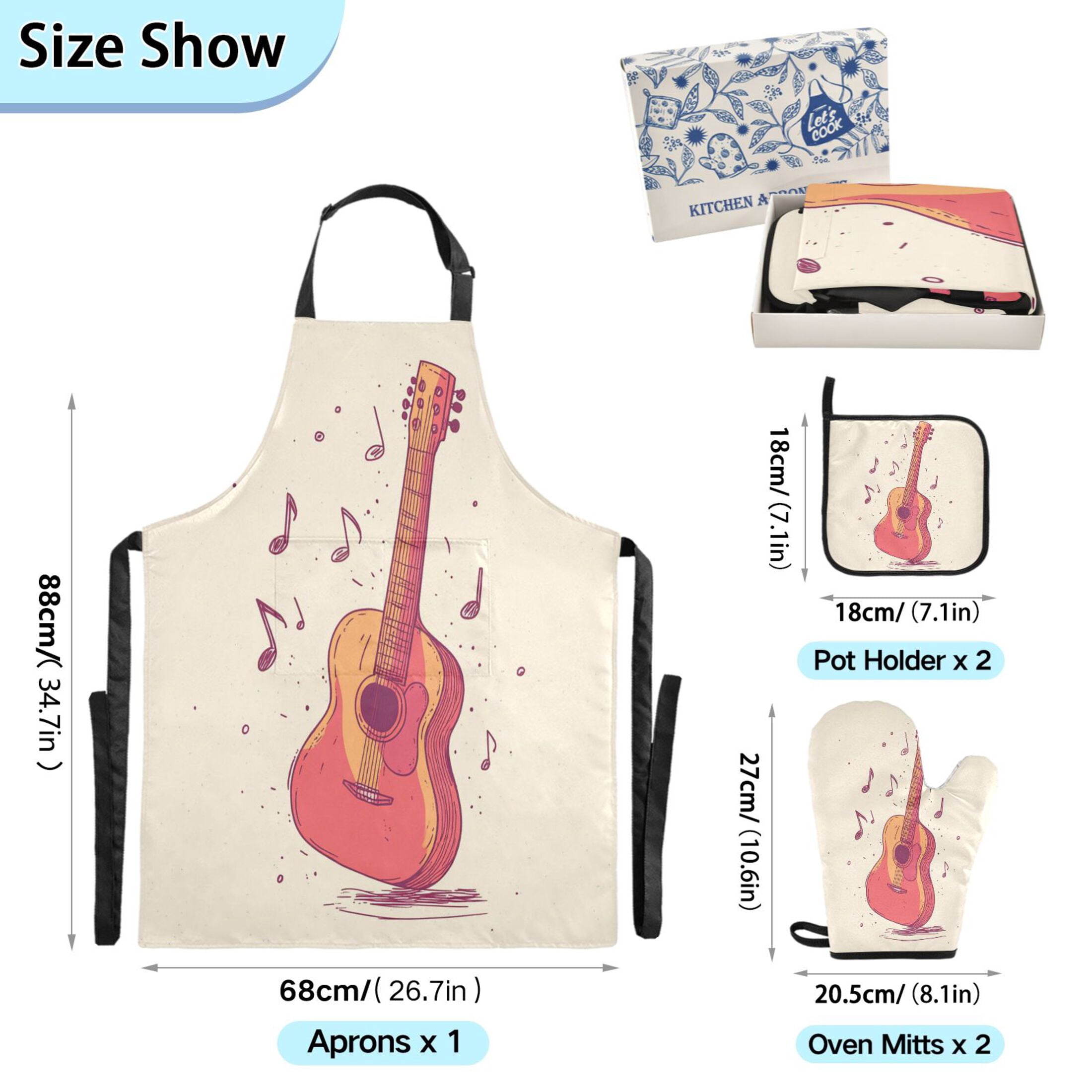 5 Pcs Kitchen Set Heat Resistant Oven Mitts and Non-Slip Pot Holders with Adjustable Cooking Apron Guitar and Notes