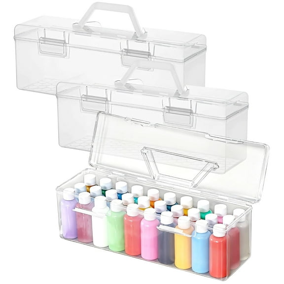 3PCS Acrylic Paint Storage Organizer, Transparent Portable Stackable Art Supplies Holder with Double Locks, Paint Brush & Craft Tool Box for Painting