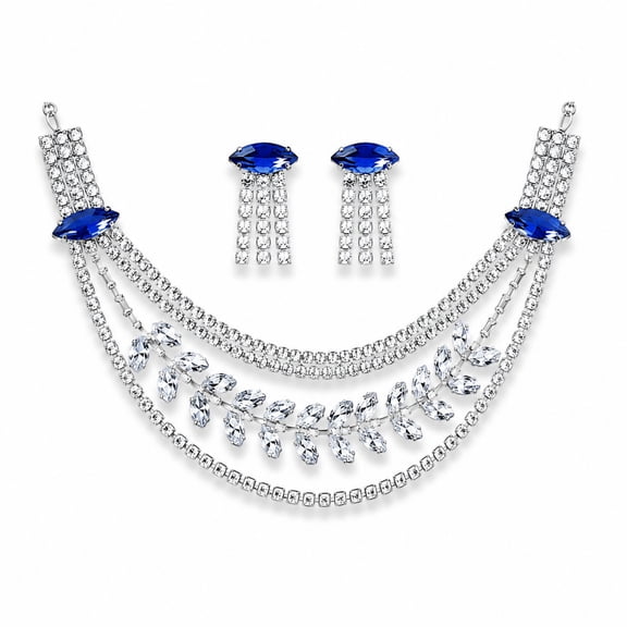 AlKhalil - Elegant Blue Gemstone Necklace and Earrings Set – Multi‑Strand Clear Crystal Design