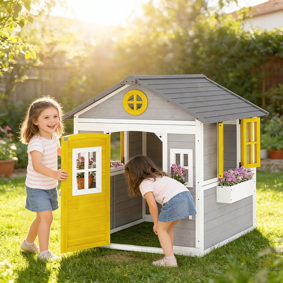 Outsunny Playhouse for Kids Outdoor, Wooden Playhouse with Doors, Windows, Planter Pots and Boxes for Toddlers 3-8 Years, Backyard, Gray